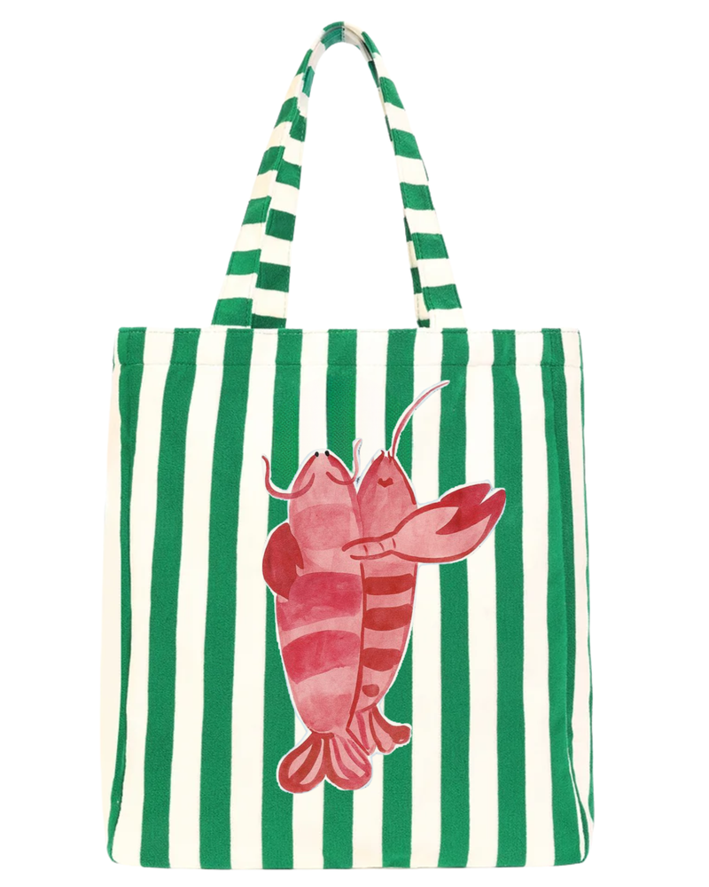 Tote de playa de lona rayas rosa y naranja con tres peces de estilo acuarela — HS Moments Edición Verano