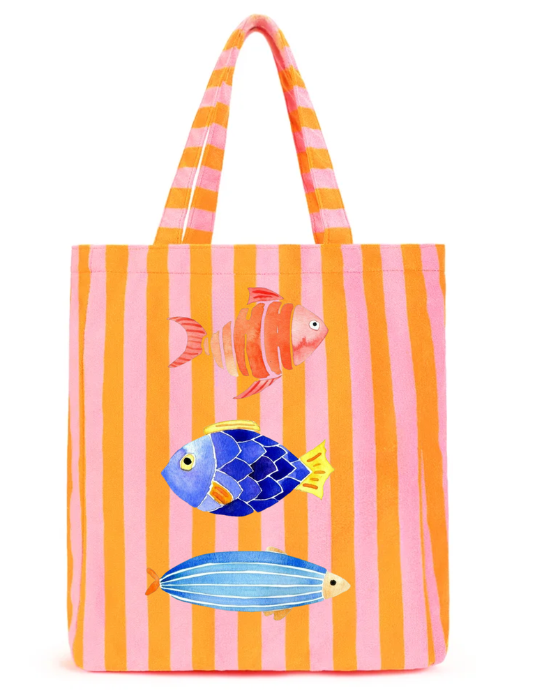 Tote de playa estampado con peces, rayas rosa y naranja — HS Moments Edición Verano