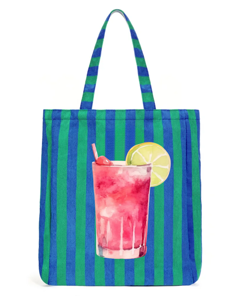 Tote de playa estampado con cóctel de verano, rayas azul y verde — HS Moments Edición Verano