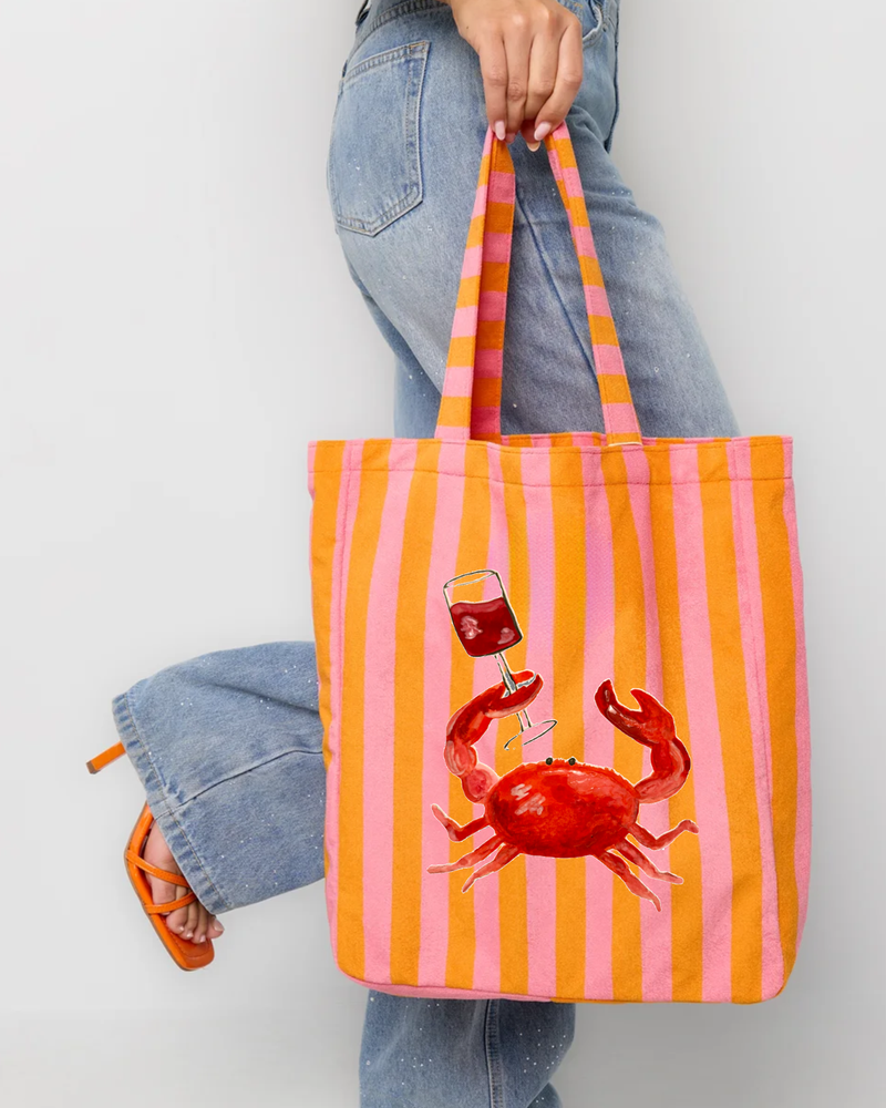 Tote de playa de lona rayas azul y verde con un cóctel de verano con lima, estilo acuarela — HS Moments Edición Verano